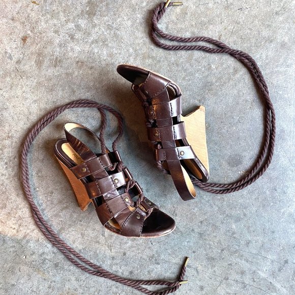 L.A.M.B. Brown Leather Wedge Sandals - Picture 6 of 6